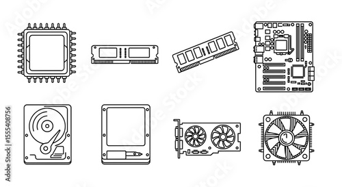 Outline drawing of computer components including cpu ram motherboard hdd ssd gpu and cooler fan