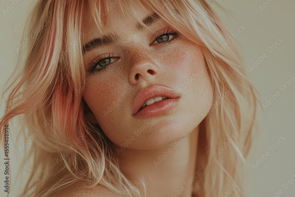 Naklejka premium Close-up portrait of a woman with styled hair and soft makeup.