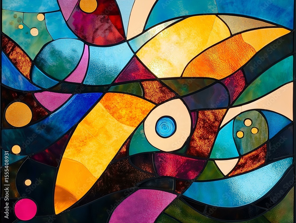 Fototapeta premium abstract stained glass, bright colors, organic forms, light and shadow interplay.