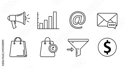 Collection of marketing and sales icons depicting promotion, growth, and financial transactions