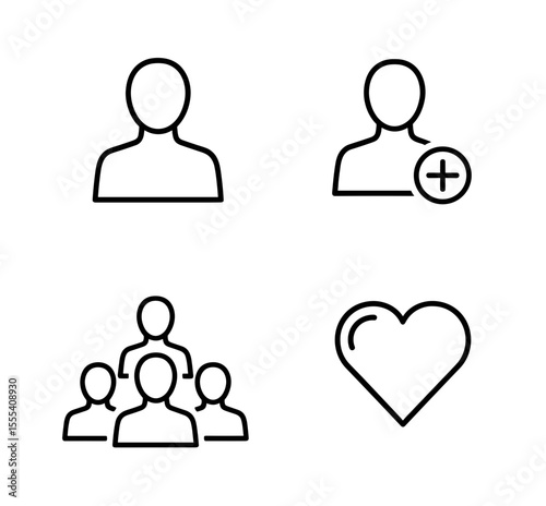 Outlined icons depicting a single user, adding a user, a group of users, and a heart shape icon element