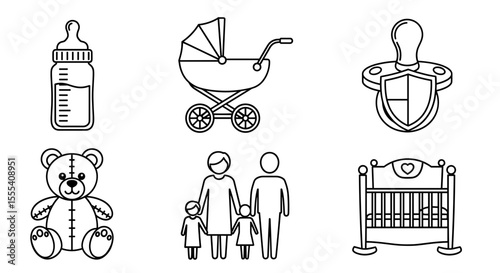 Outlined baby items including bottle stroller pacifier teddy bear family and crib illustration design