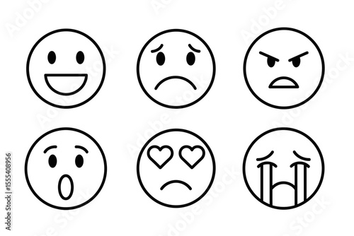 Six outlined emoji icons depicting different emotions arranged in two rows for digital communication use