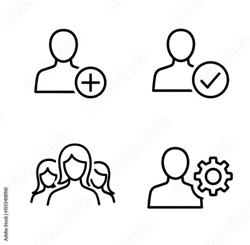 Four user interface icons depicting adding a user, confirming, group and settings management