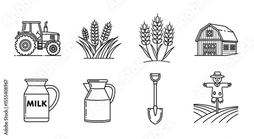 Line art depicting tractor, wheat, barn, milk, shovel, and scarecrow in agricultural theme elements