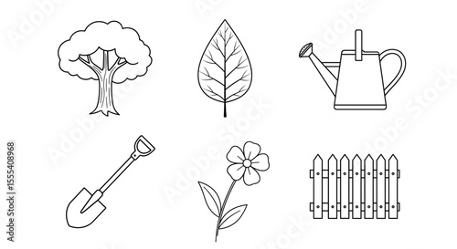 Line drawing illustration featuring garden elements such as tree leaf shovel flower watering can fence