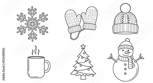 Winter themed line art featuring snowflake mittens hat mug christmas tree and a snowman illustration