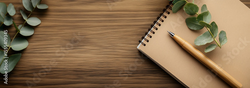 Wooden Pen and Elegant Notebook on Rustic Wooden Table