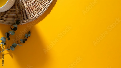 Yellow Surface with Plant and Wicker Plate