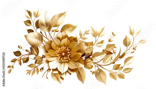 金 花 葉 ゴールド 豪華 エレガント 美しい 装飾 光沢 華やか 芸術的 アート 植物 祝い 輝き 立体的 ゴージャス 縁起物 貴賓