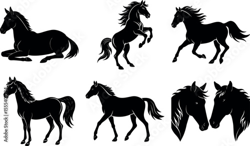 Horse Silhouette Collection Set and Editable Vector Bundle for Equestrian Branding, Farm Projects, and Vintage Western Designs