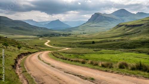 Winding Dirt Road Through Grassy Valley with Mountain Views