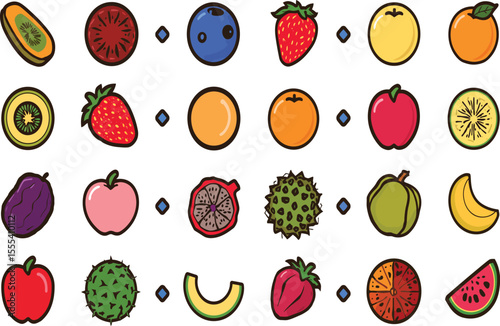 Whole and sliced fruits vector elements colorful illustration