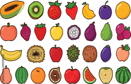 Whole and sliced fruits vector elements colorful illustration