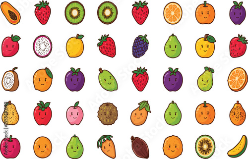 Cute cartoon whole and sliced fruits vector elements