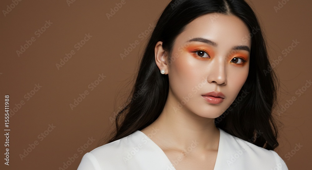 Naklejka premium Young Asian Woman with Vibrant Orange Eyeshadow and Pearl Earrings on Brown Background