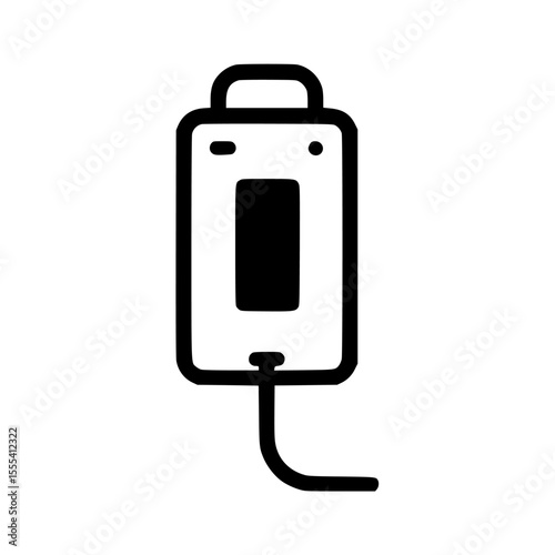 A simple line drawing of an IV drip bag with tubing, depicted in black and white.