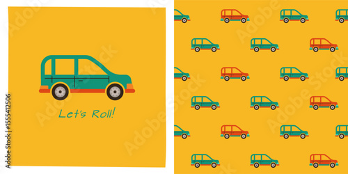 Retro Car cartoon seamless pattern. Hand drawn cute automobile car kid endless boundless background design. Simple children funny auto transport comic repeat print wallpaper vector illustration