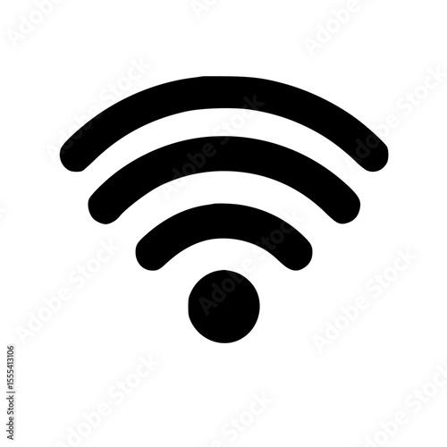 Black and white graphic illustration of a WiFi signal symbol on a white background.