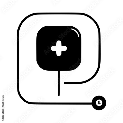 Medical IV drip bag icon; simple, black and white illustration.