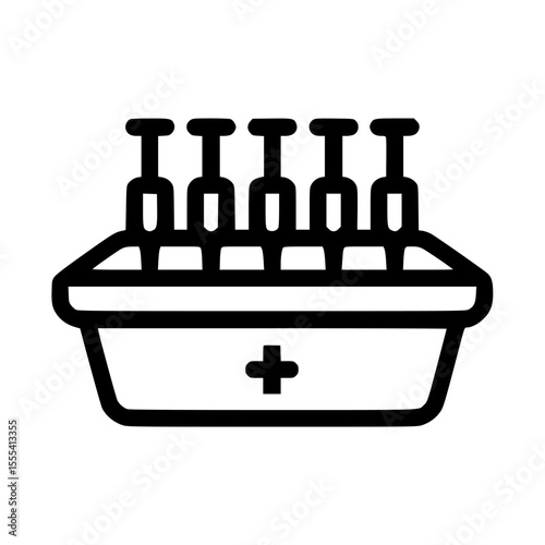 A black and white graphic of a tray holding several hypodermic needles.