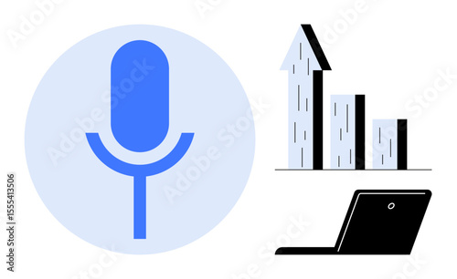 Blue microphone icon, bar chart with upward arrow, and laptop emphasizing voice technology, data analysis, growth strategy, productivity, modern tech, innovation. Ideal for tech articles apps AI