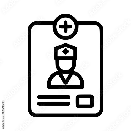 Simple black and white icon depicting a medical professional's identification card.