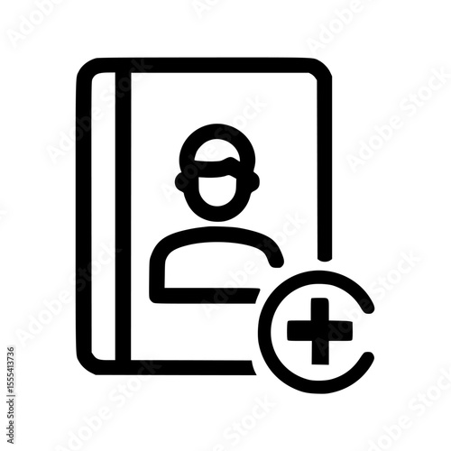 A black and white icon of an address book with a person symbol and a plus sign.