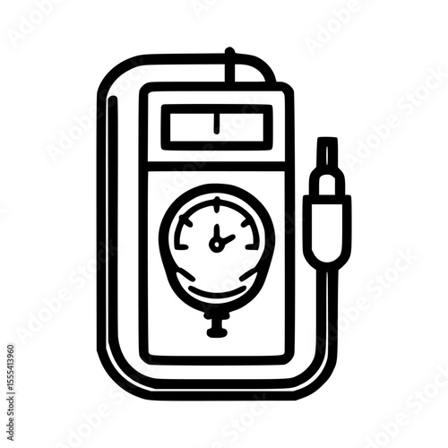 A schematic illustration of a multimeter tool with attached probe, showing measurements.