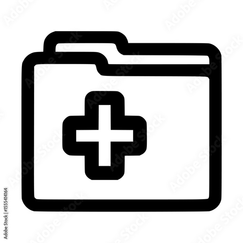 Simple black and white icon of a medical folder with a plus sign.