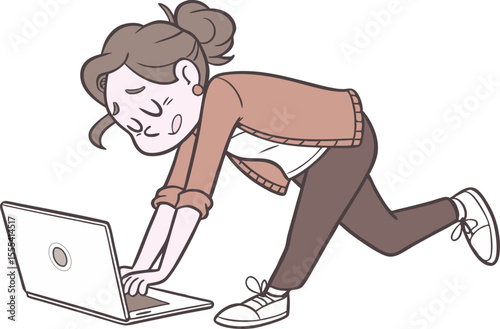 Young Woman Leaning Over Laptop Illustration ,  A vibrant, modern vector illustration of a young woman or student interacting with a laptop computer. She is casually dressed in a hoodie and pants, wit