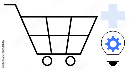 Shopping cart emphasizing consumer goods, paired with medical cross and light bulb suggesting innovation in health services, technology, and online care solutions. Ideal for e-commerce, healthcare