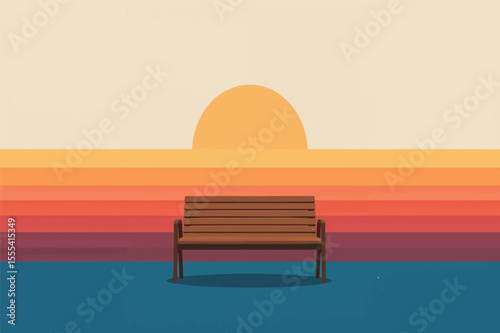 Wooden bench facing ocean golden dusk sunset vector illustration