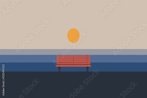 Bench facing ocean golden dusk vector illustration minimalist art