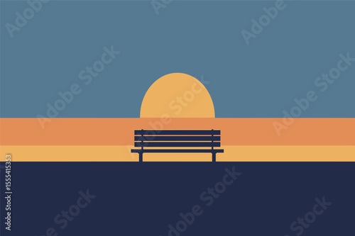 Bench facing ocean golden dusk vector illustration minimalist sunset