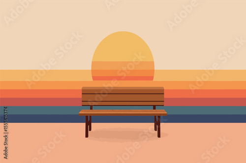 Wooden bench facing ocean at golden dusk vector illustration