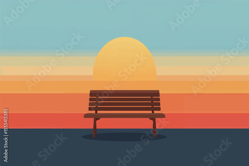 Bench facing ocean golden dusk vector illustration sunset