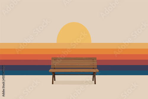Wooden bench facing ocean golden dusk sunset vector illustration