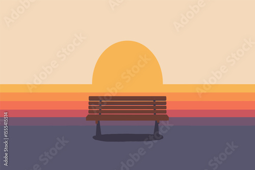 Bench facing ocean golden dusk vector illustration sunset