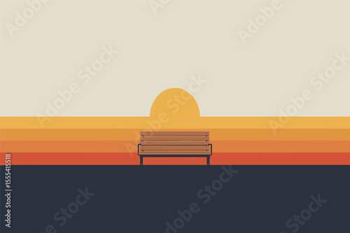 Bench facing ocean golden dusk vector illustration minimalist sunset