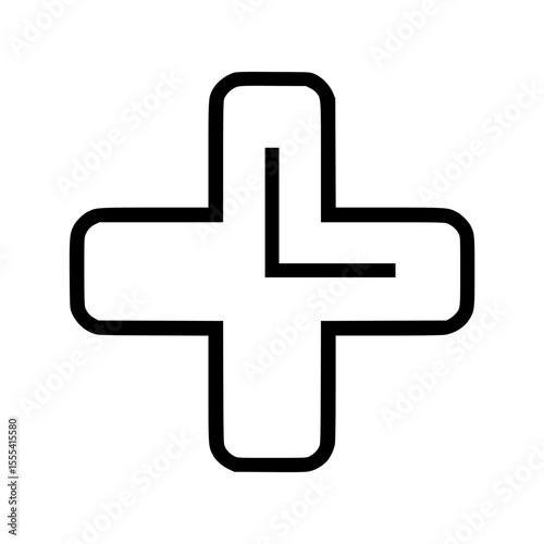 A simple, bold, black cross symbol, possibly indicating addition or medical services.