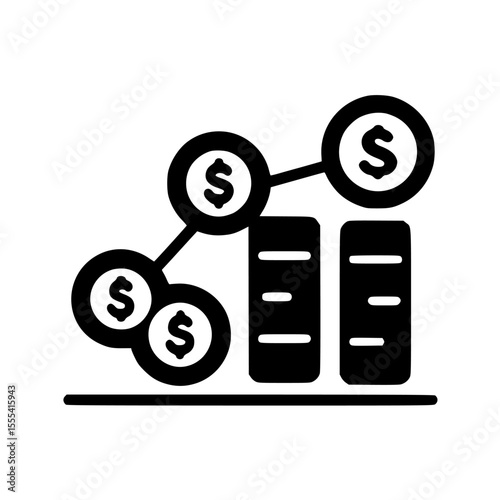 Falling profits depicted graphically with coins and declining bar chart.