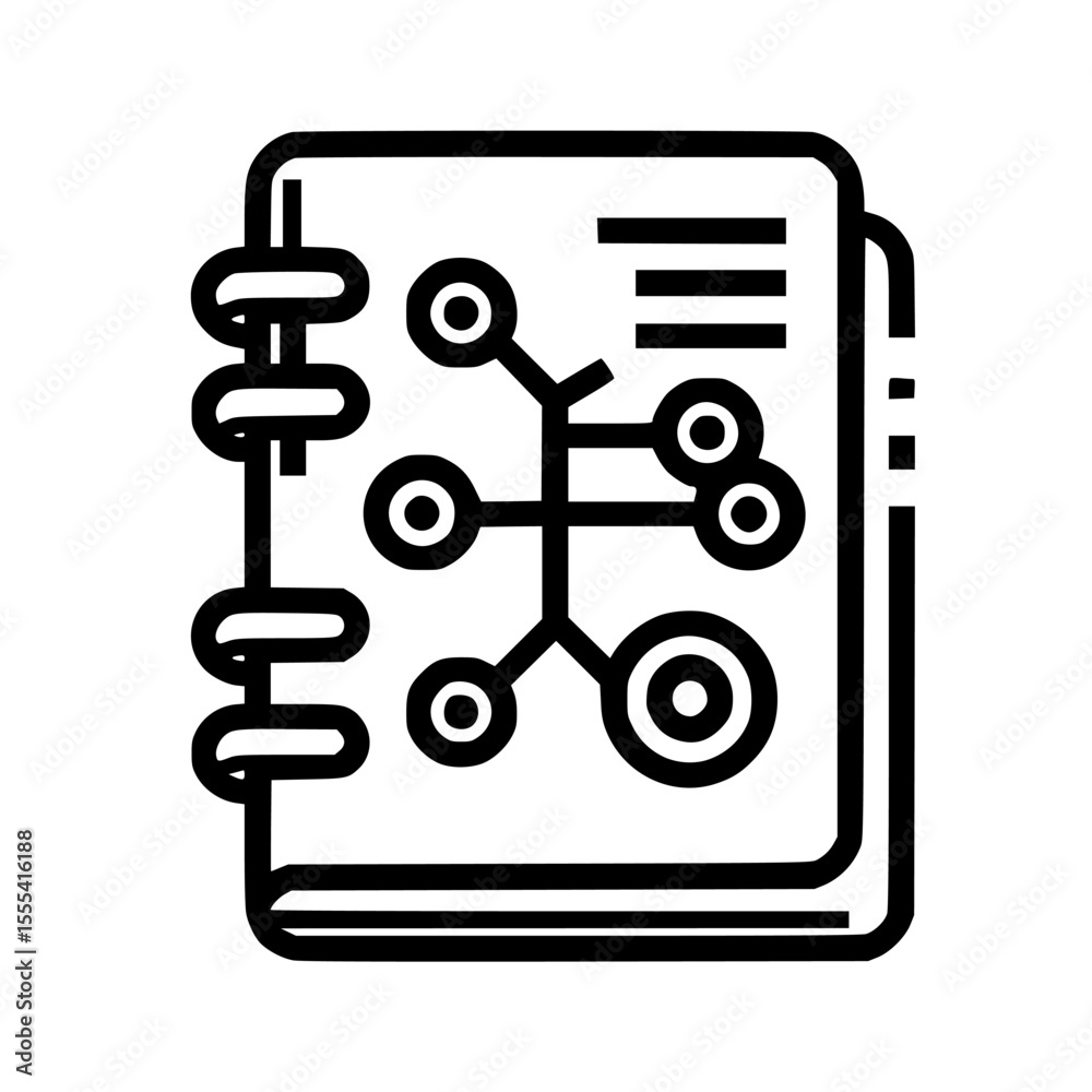 A notebook with a spiral binding displays a network diagram, suggesting planning or organization. A notebook with a spiral binding displays a network diagram, suggesting planning or organization.
