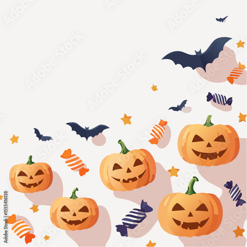 Vector Halloween frame with grinning pumpkins, candy, bats, and stars in a lighthearted spooky design for seasonal celebrations.