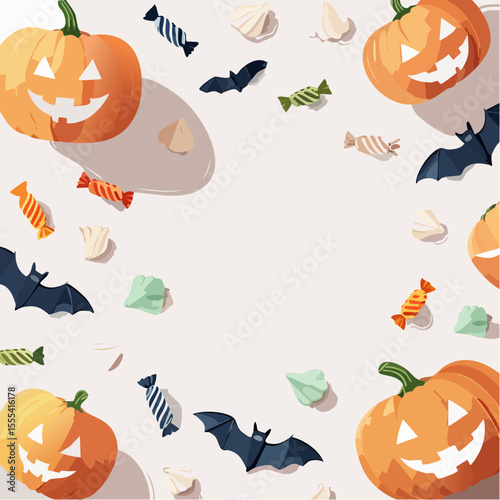 Vector Halloween frame with grinning pumpkins, candy, bats, and stars in a lighthearted spooky design for seasonal celebrations.