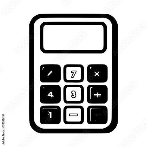 Simple black and white illustration of a basic electronic calculator with buttons.
