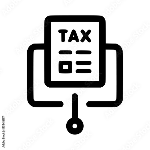 A stylized icon of a tax form with lines and a checkbox, connected by a line to a circle.