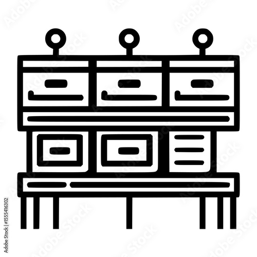 A stylized black and white illustration of a storage cabinet with multiple drawers and shelves.