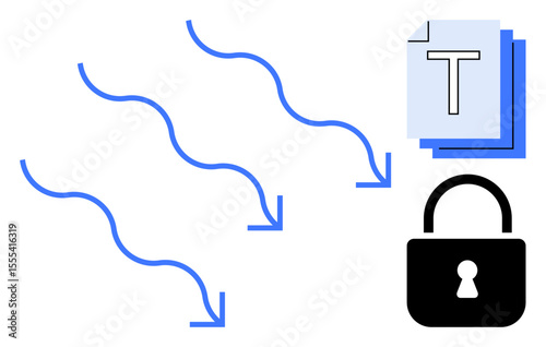 Blue arrows pointing toward stacked documents and padlock, symbolizing data transfer, storage, and security. Ideal for data protection, encryption, document management, cybersecurity, information