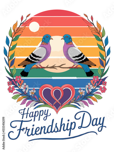 Friendship Day Colorful Sunset TShirt Design with Sun and Clouds